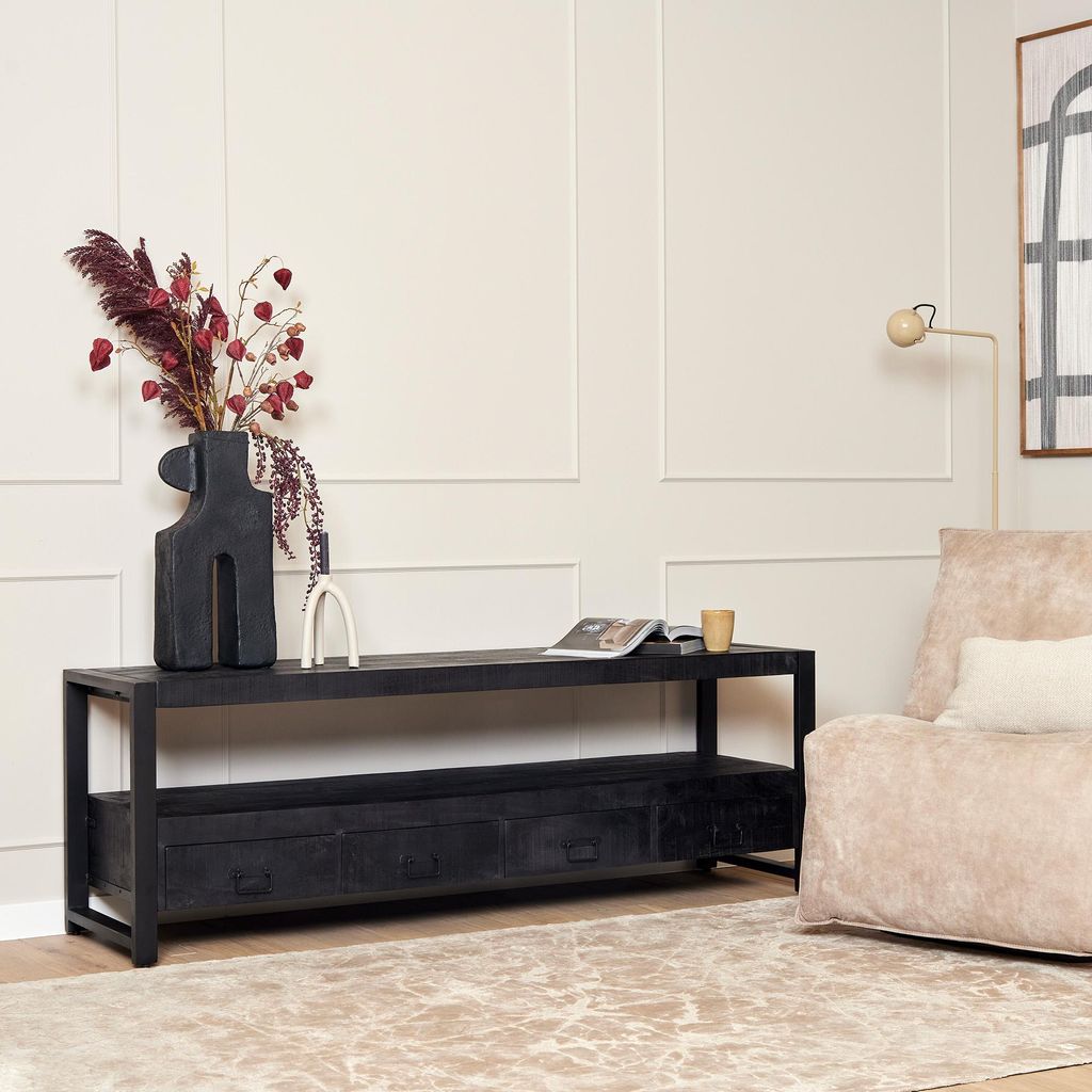 TV Möbel Zavan Black Mangoholz Metall Schwarz 180 x 45 x 60 cm, Masse:180 cm X 45 cm