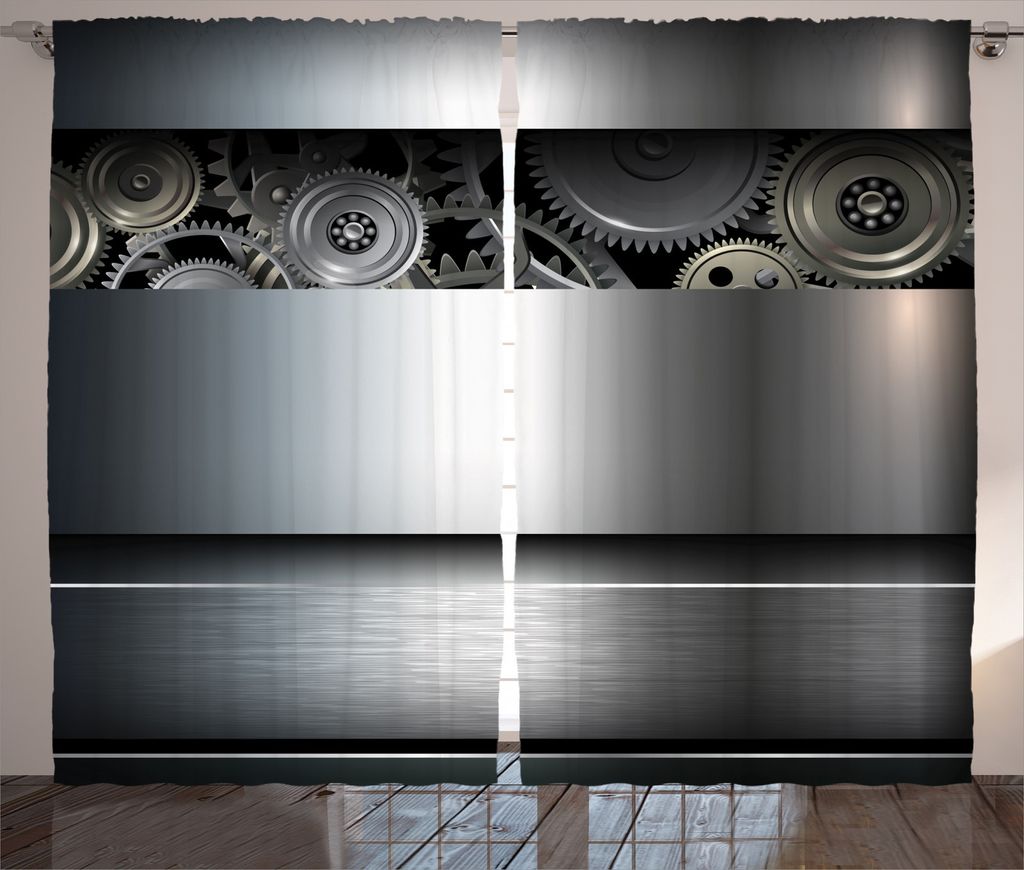 ABAKUHAUS Industriell Rustikaler Vorhang, Uhrwerk Wissenschaft Moderne, Wohnzimmer Universalband Gardinen mit Schlaufen und Haken, 280 x 245 cm, Grau