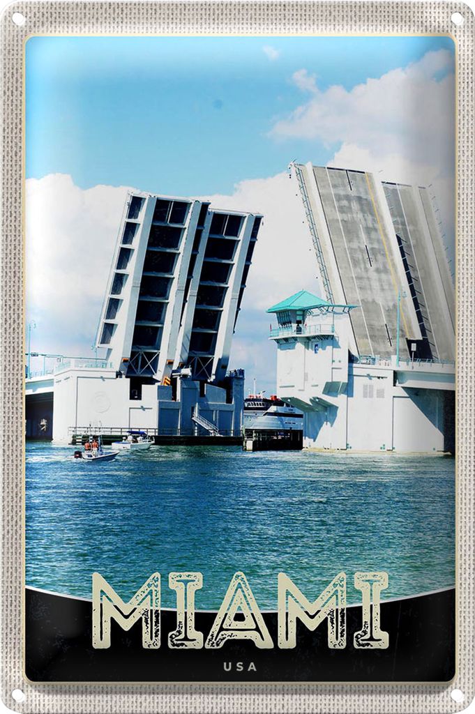 Blechschild Reise 18x12cm Miami Amerika USA Brücke Schiffe Meer