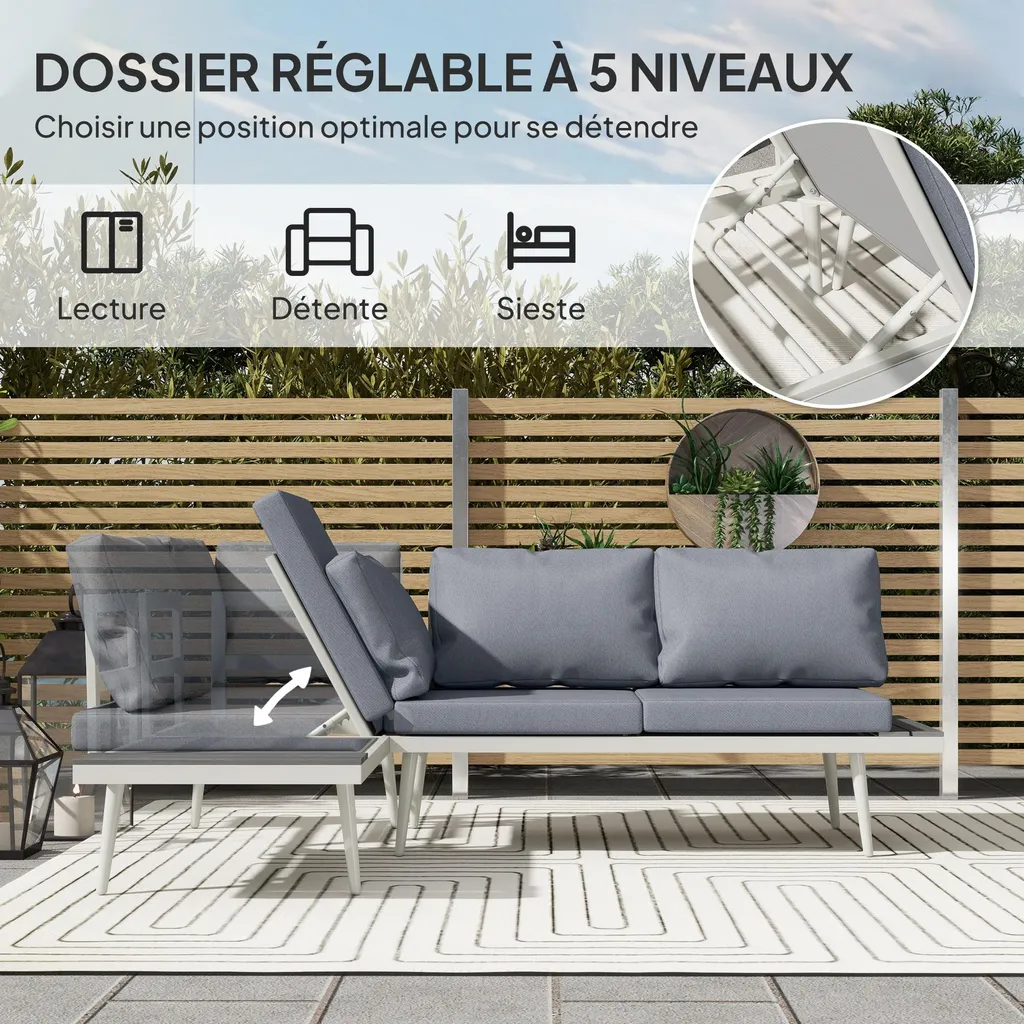 Outsunny Salon de Jardin d'Angle Modulable 3pcs - Gris, Canapé & Table - 4