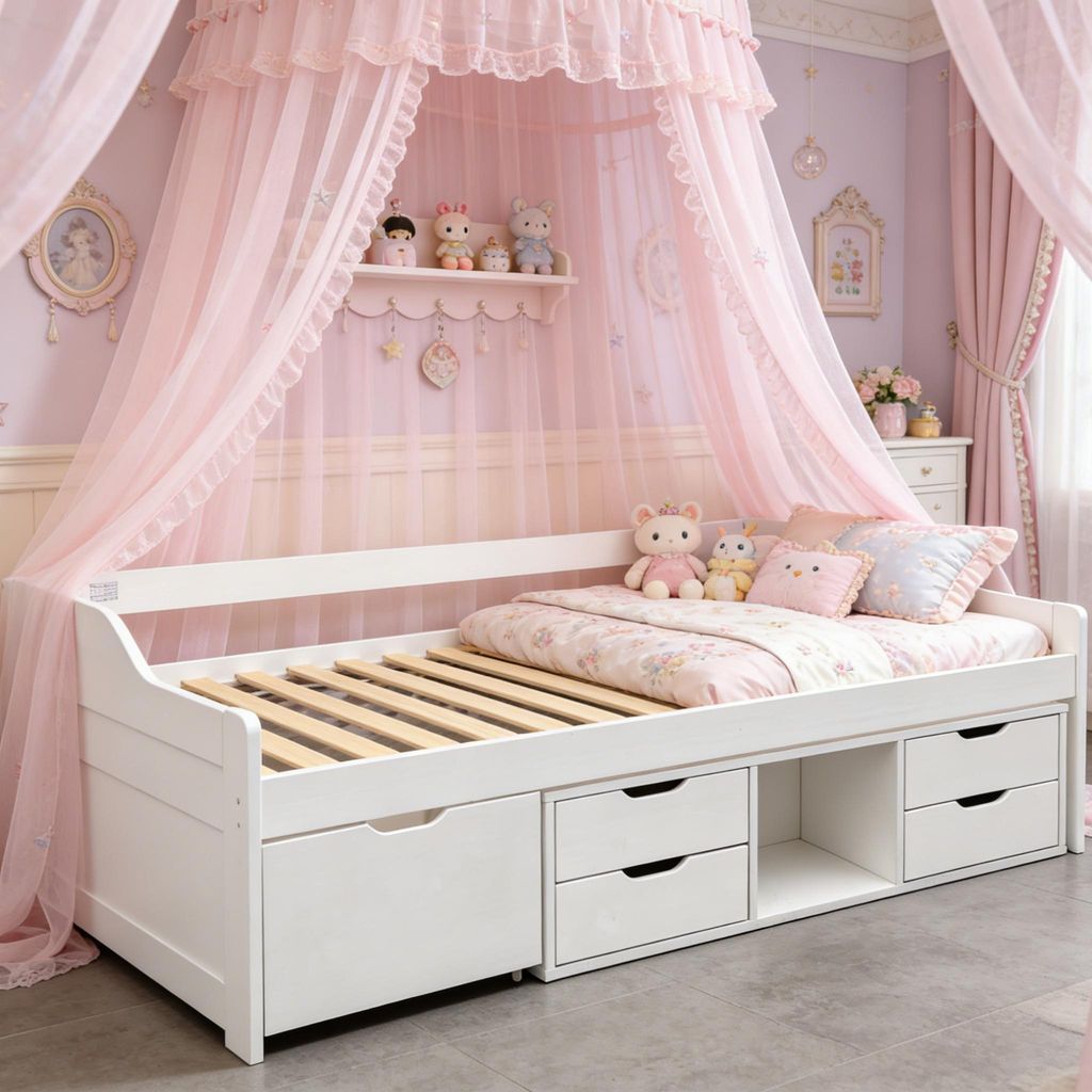 Schlafsofa 90x190 cm Tagesbett (ohne Matratze), Kinderbett im schlichten Design, weisses Bett aus Kiefernholz und MDF mit Stauraum und Schubladen
