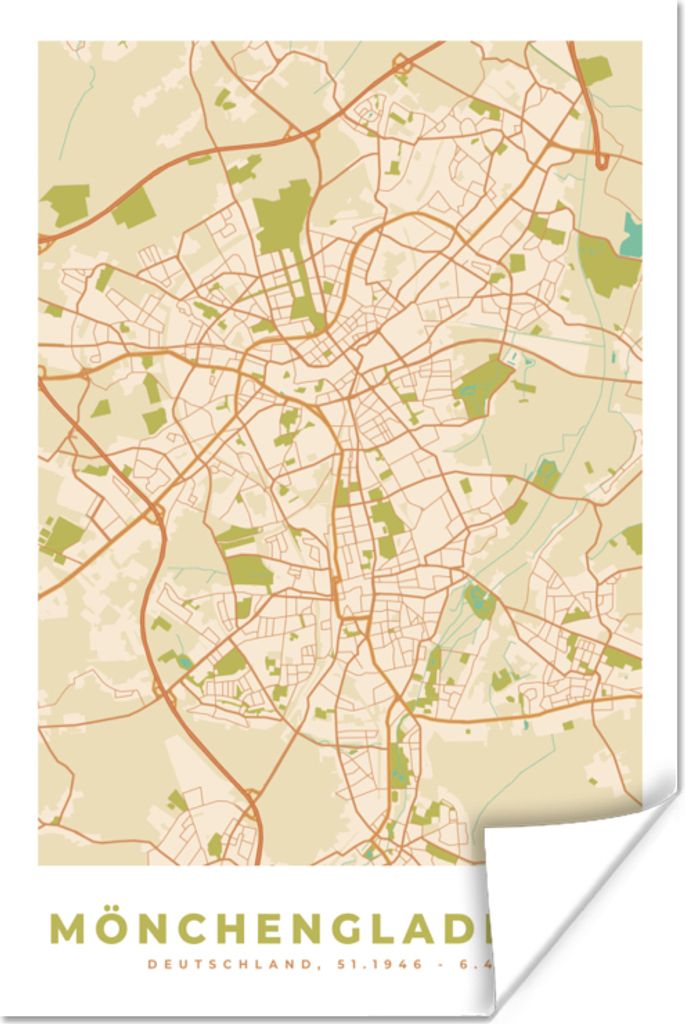 MuchoWow Poster Karte - Mönchengladbach - Jahrgang - Karte 60x90 cm - Wanddekoration
