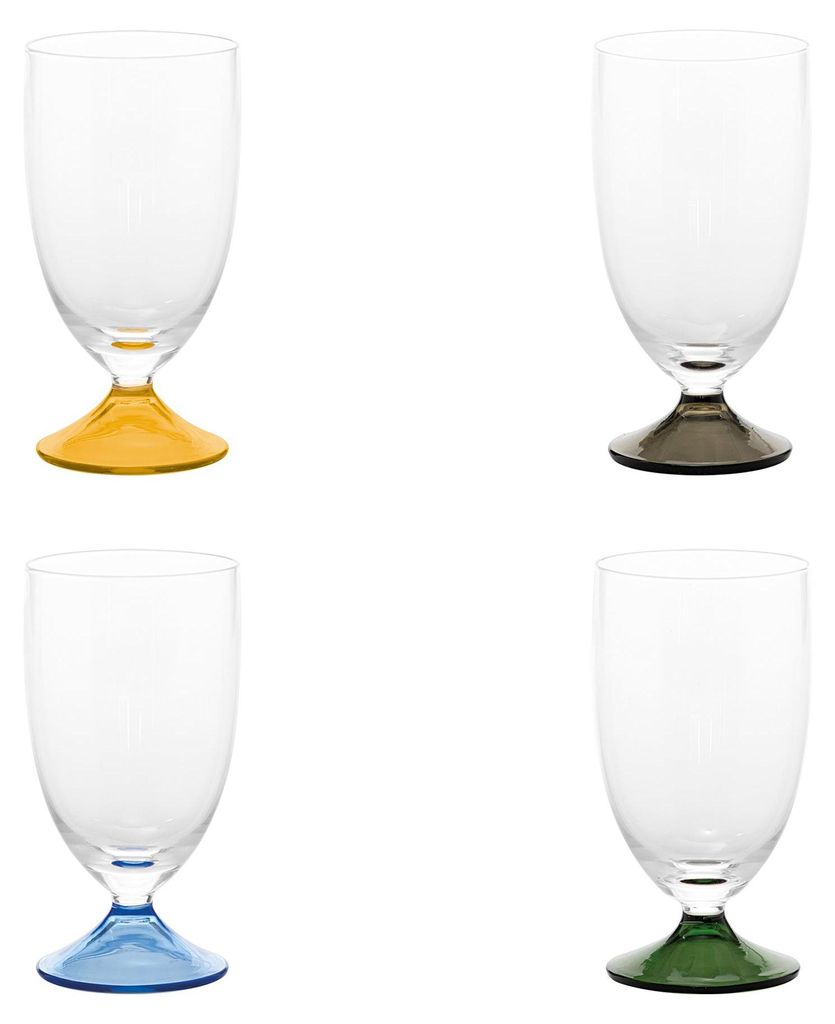 Zafferano Maestro Gläser-Set, 4-teilig, mundgeblasen, venezianisches Design, stielos, verschiedene Farben: Grau, Goldgelb, Grün und Hellblau.