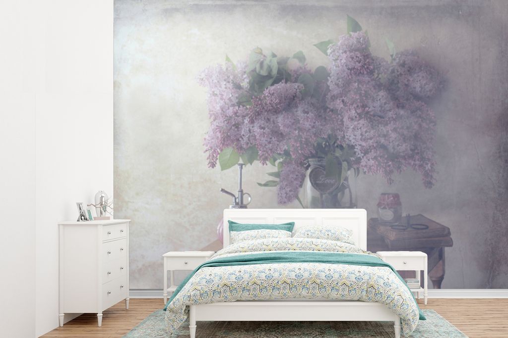 MuchoWow Fototapete für Wohnzimmer oder Schlafzimmer Wandtapete Vinyl Motivtapete Blumen - Tisch - Stilleben - 385x280 cm - Wallpaper