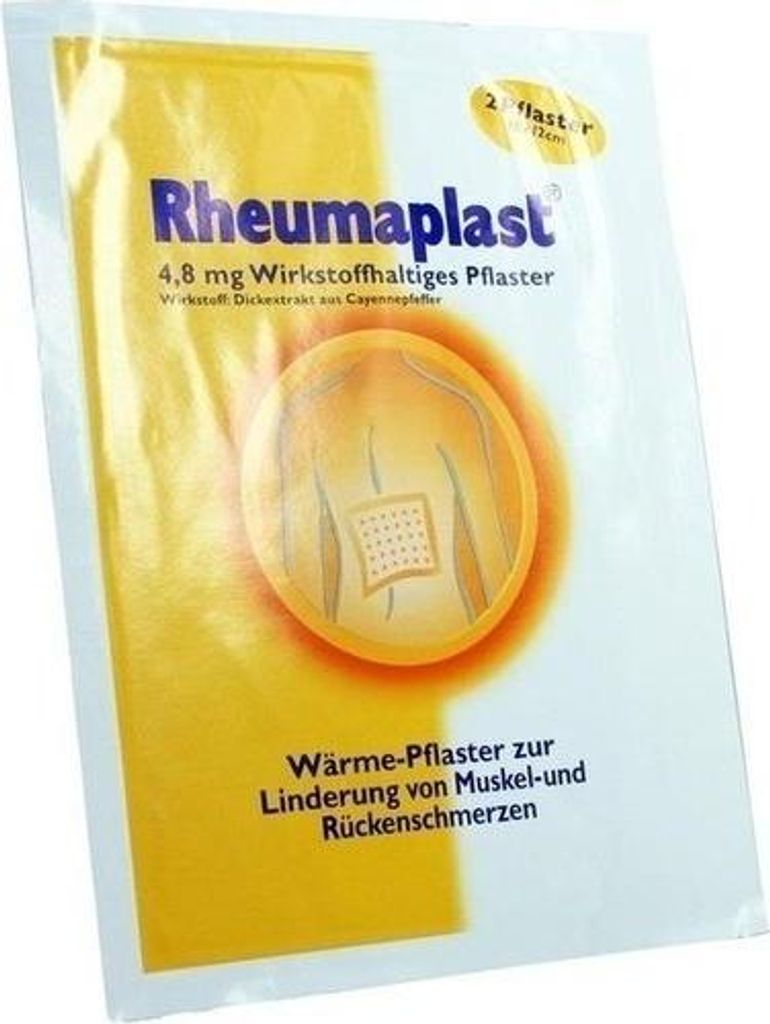 A package of Rheumaplast heat patches for muscle and back pain relief.