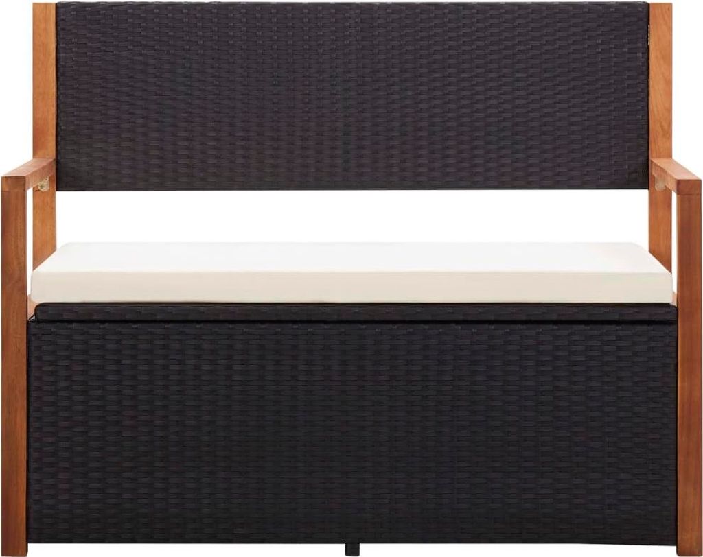A front view of a storage bench with a wooden frame and a woven rattan body.