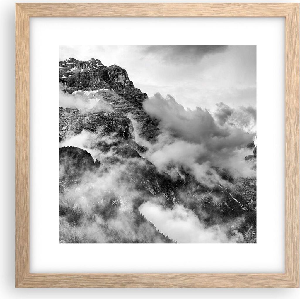 Gerahmtes Poster - Rahmen in heller Eiche - Berge Nebel Gipfel - 30x30 cm - Wand Bild - Wanddeko - Wandbilder - Wandposter - Bilderrahmen - Bilder ...