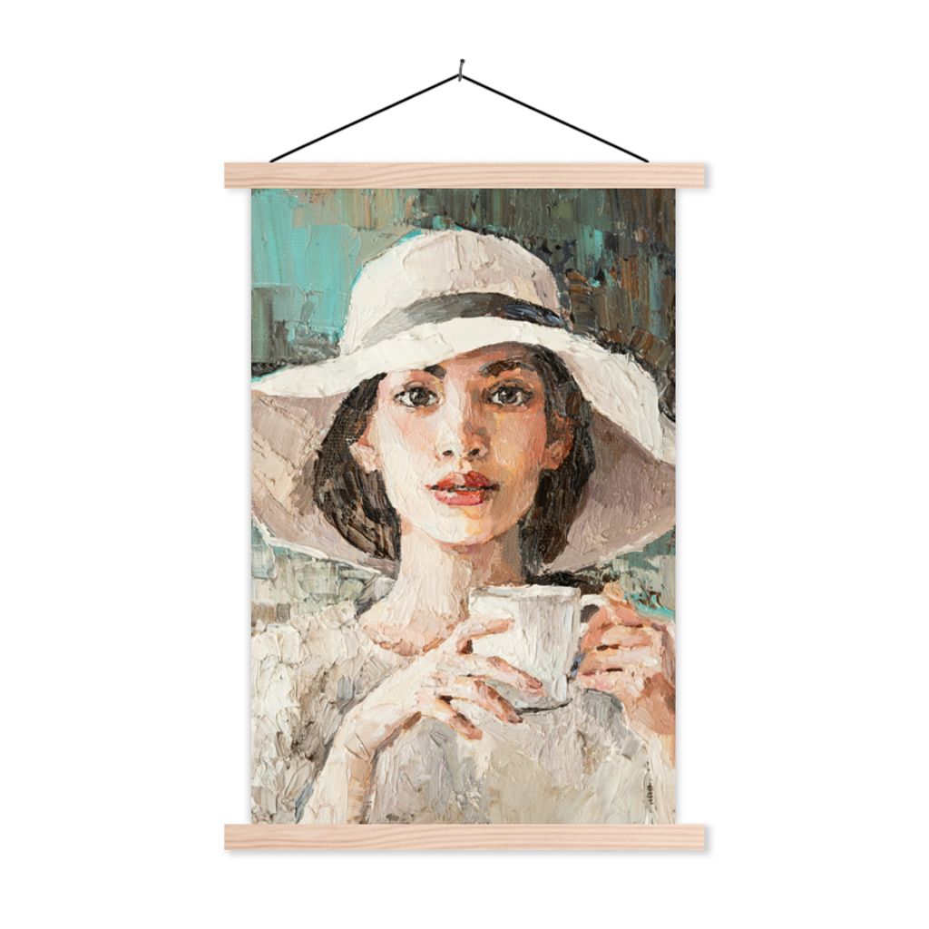 MuchoWow Textilposter Gemälde - Frau - Ölzeug - Hut - Kaffee 40x60 cm mit holzfarbenen Rahmen - Poster