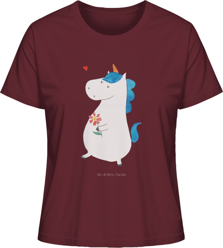 Mr. & Mrs. Panda Basic Shirt Damen Einhorn Spaziergang Größe L - Burgundy - Geschenk, Freundin, Einhörner, Unicorn, Oberteil, Blumen, Baumwoll T...