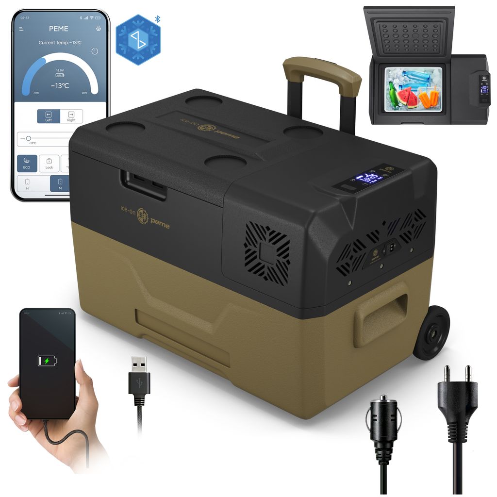 A collage of a portable refrigerator and its accessories, including a smartphone app interface, charging cables, and power adapters.
