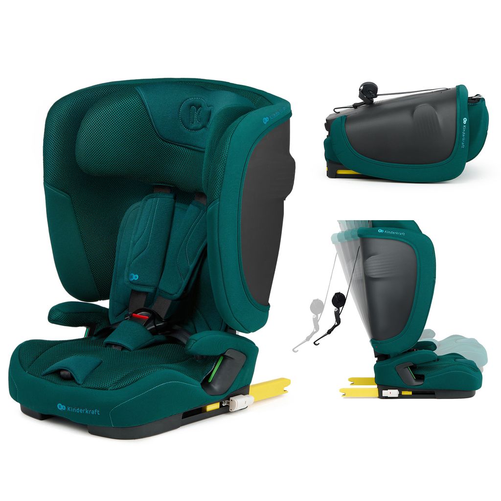 A collage of images showing a teal Kinderkraft car seat from different angles and in different configurations.