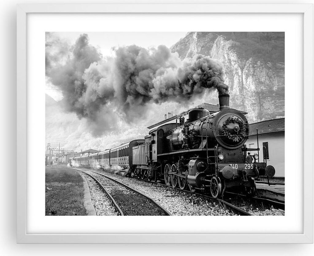 Gerahmtes Poster - Weißer Rahmen - Zug Schwarzweiß Rauch - 50x40 cm - Wand Bild - Wanddeko - Wandbilder - Kunstposter - Wandposter - Bilderrahmen...