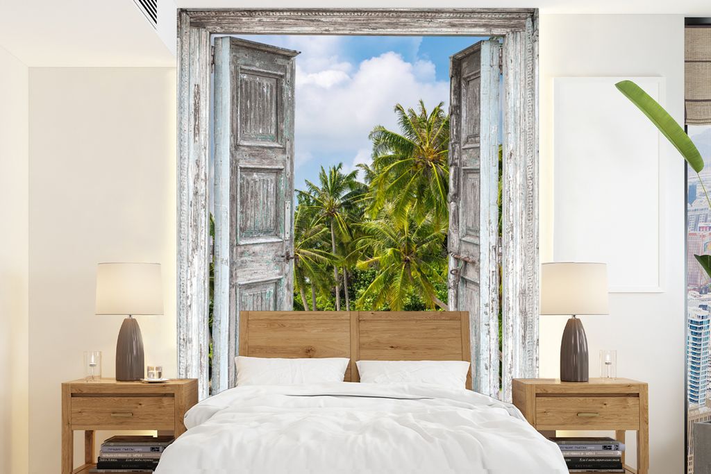 MuchoWow Fototapete für Wohnzimmer oder Schlafzimmer Wandtapete Vinyl Motivtapete Palme - Meer - Transluzent - Tropisch - 175x240 cm - Schlafzim...