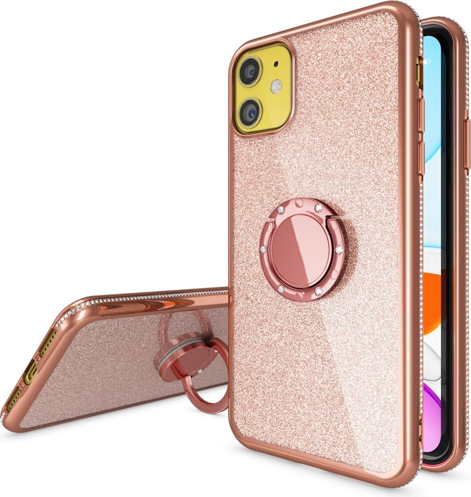 NALIA 360° Ring Handy Hülle für iPhone 11, Glitzer Silikon Schutz Case TPU Cover Rose Gold