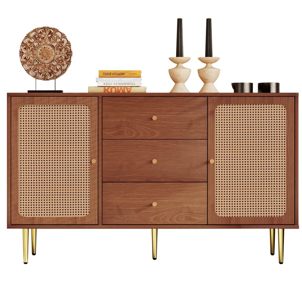 Kommode mit 2 Türen und 3 Schubladen, Rattan Türkommoden mit Schubkasten, Verstellbare Ablage, für Wohnzimmer Schlafzimmer, Nussbaum-H90/B150/T4...