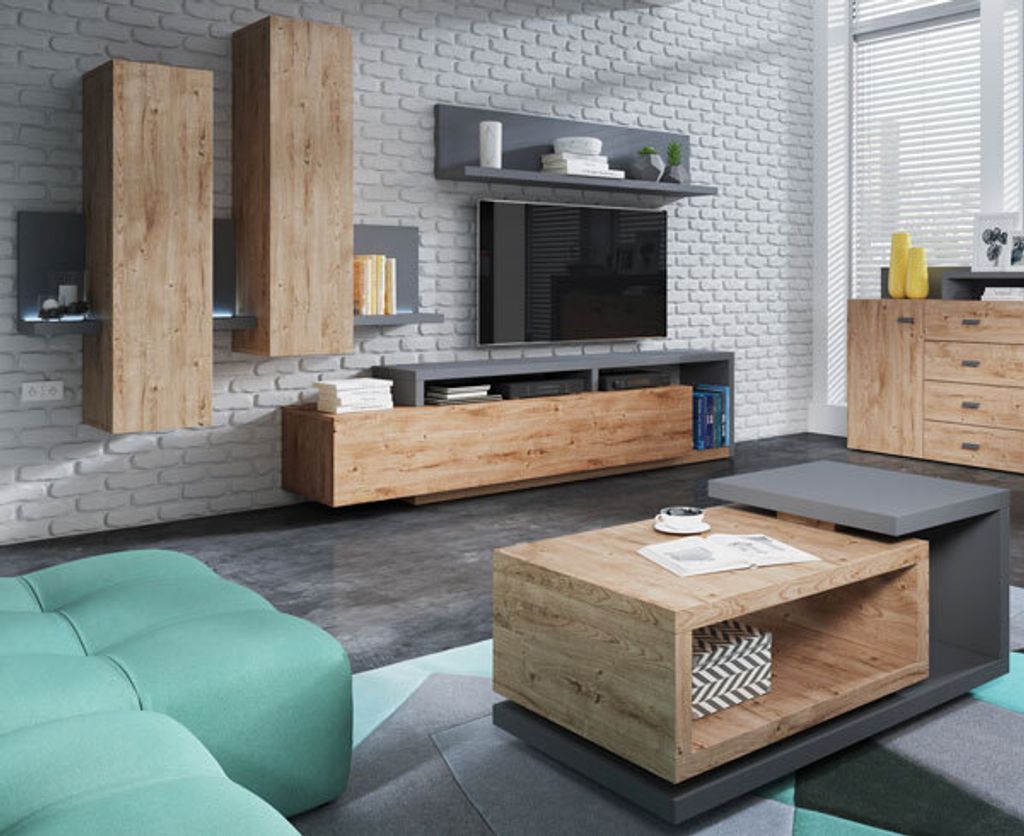 Wohnzimmer-Set 4-tlg Anbauwand Couchtisch Anthrazit Ribbeck Eiche 79863574