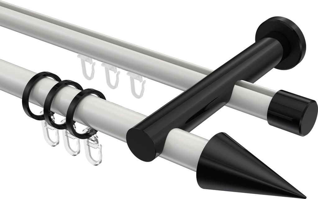 Interdeco Rundrohr-Innenlaufstange / Gardinenstange (Kombination) Weiß / Schwarz, Typ Platon Savio (Kegel), 20 mm Ø 2-läufig, 100 cm