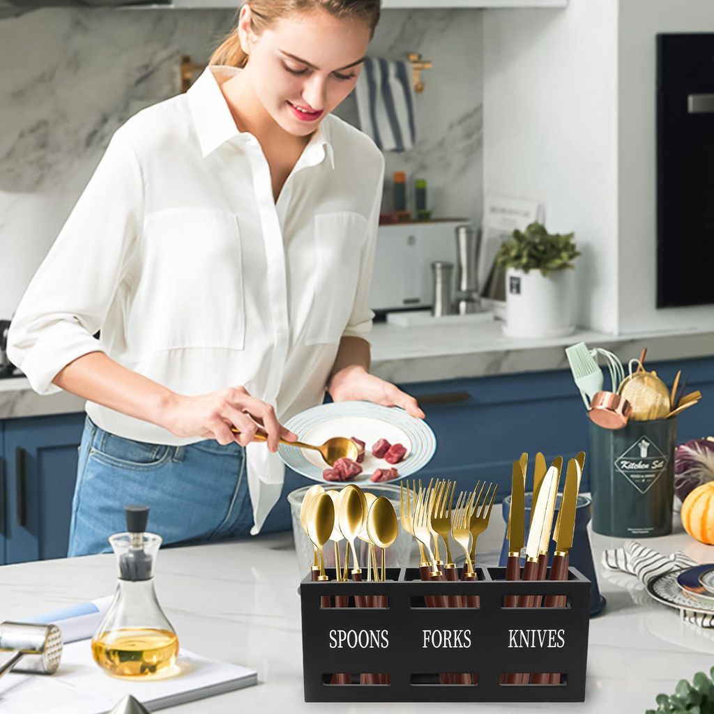 OKWISH Küchenutensilienhalter, Holz Besteckkasten, Elegante Aufbewahrungsbox für Messer, Gabeln & Löffel, Küchenorganisation, Praktisch & Nachh...