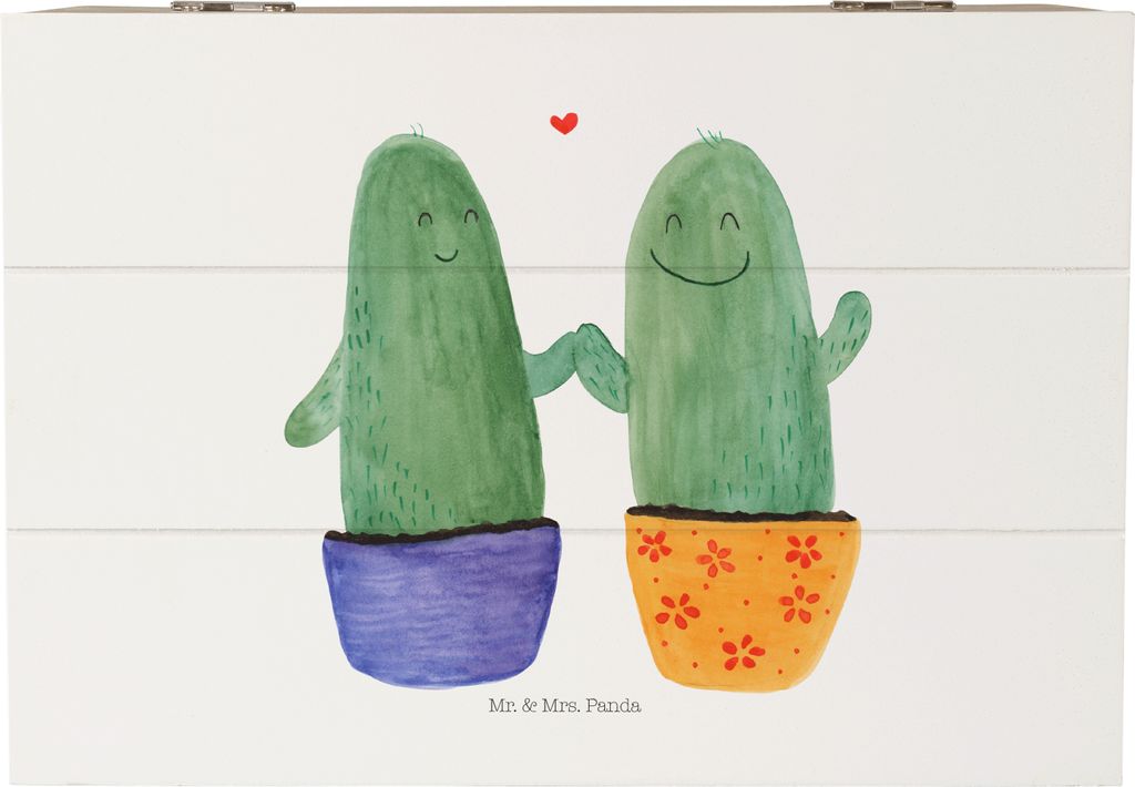 Mr. & Mrs. Panda Truhe Kaktus Liebe 22 x 15 cm - Weiß - Geschenk, Love, Streit, Kiste mit Deckel, Kakteen, Holzkiste, Schatulle, Hochzeit, fotobox...