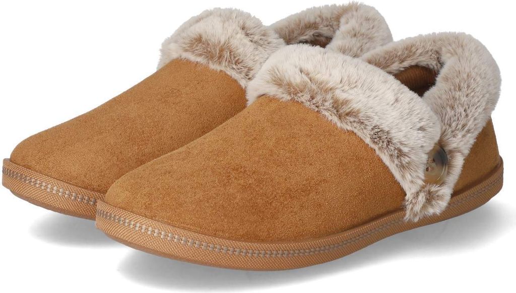 A pair of brown slippers with faux fur trim.