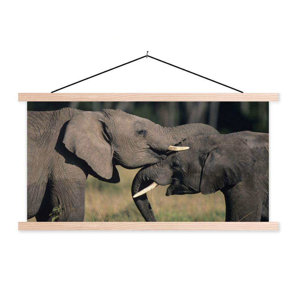 MuchoWow Textilposter Elefant - Tiere - Grau - Natur 60x30 cm mit holzfarbenen Rahmen - Dekoration