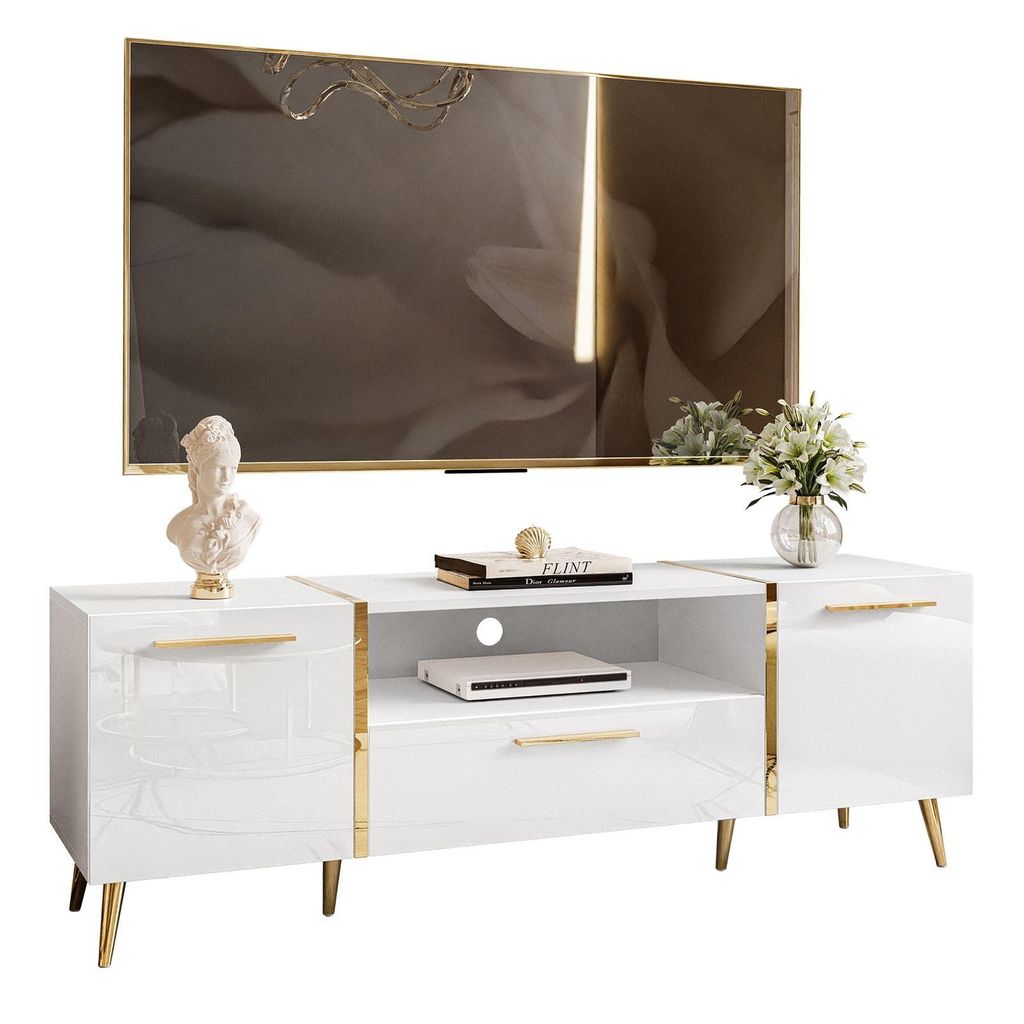 ONYX TV-Schrank auf goldenen Füßen, weiß glänzend, 158 cm, Produktbild 