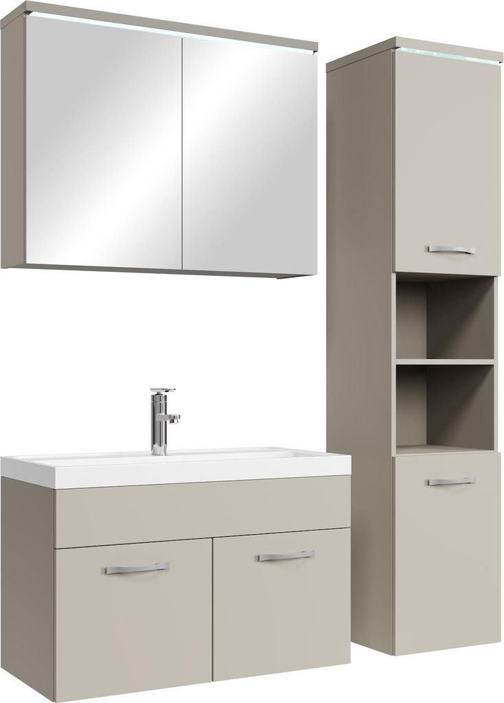 Badplaats Badmöbel Komplettset Paso LED 80 x 40 cm Cashmere - Badezimmermöbel mit Waschbecken, Spiegelschrank und Badezimmerschrank
