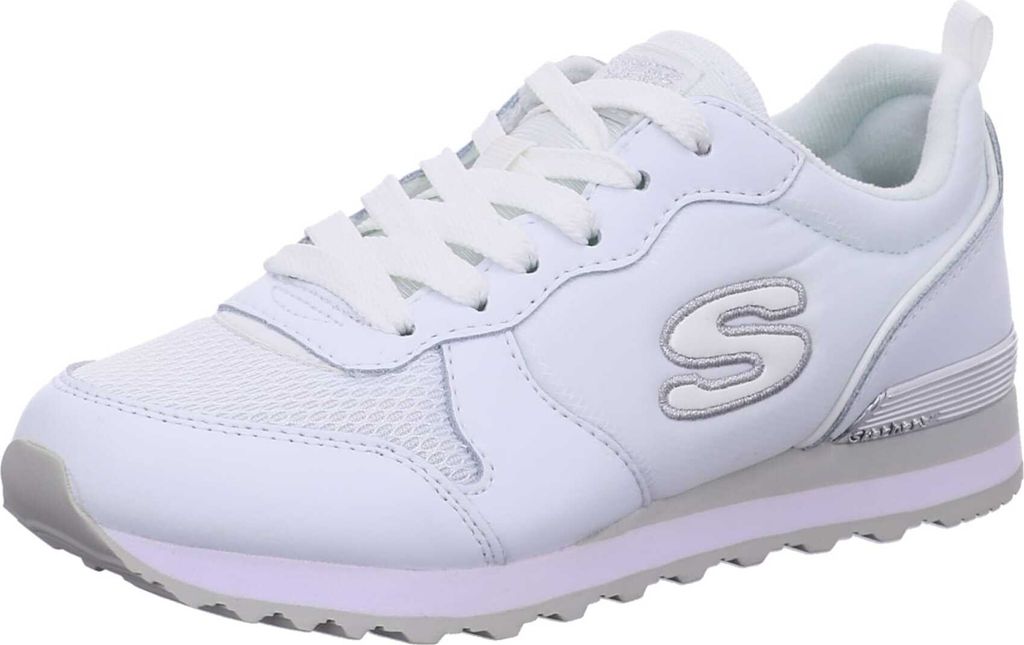 A white Skechers sneaker is shown from a side angle against a white background.