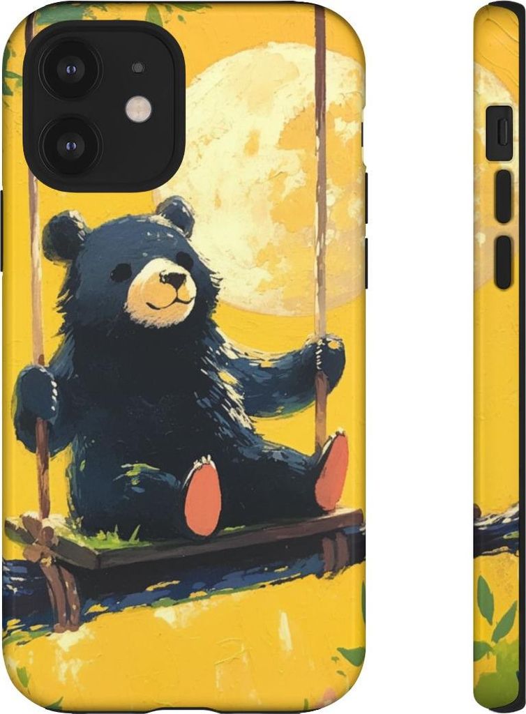 Schwarzer Bär auf Baumschaukel im Mondschein – Hülle Kompatibel mit iPhone 12