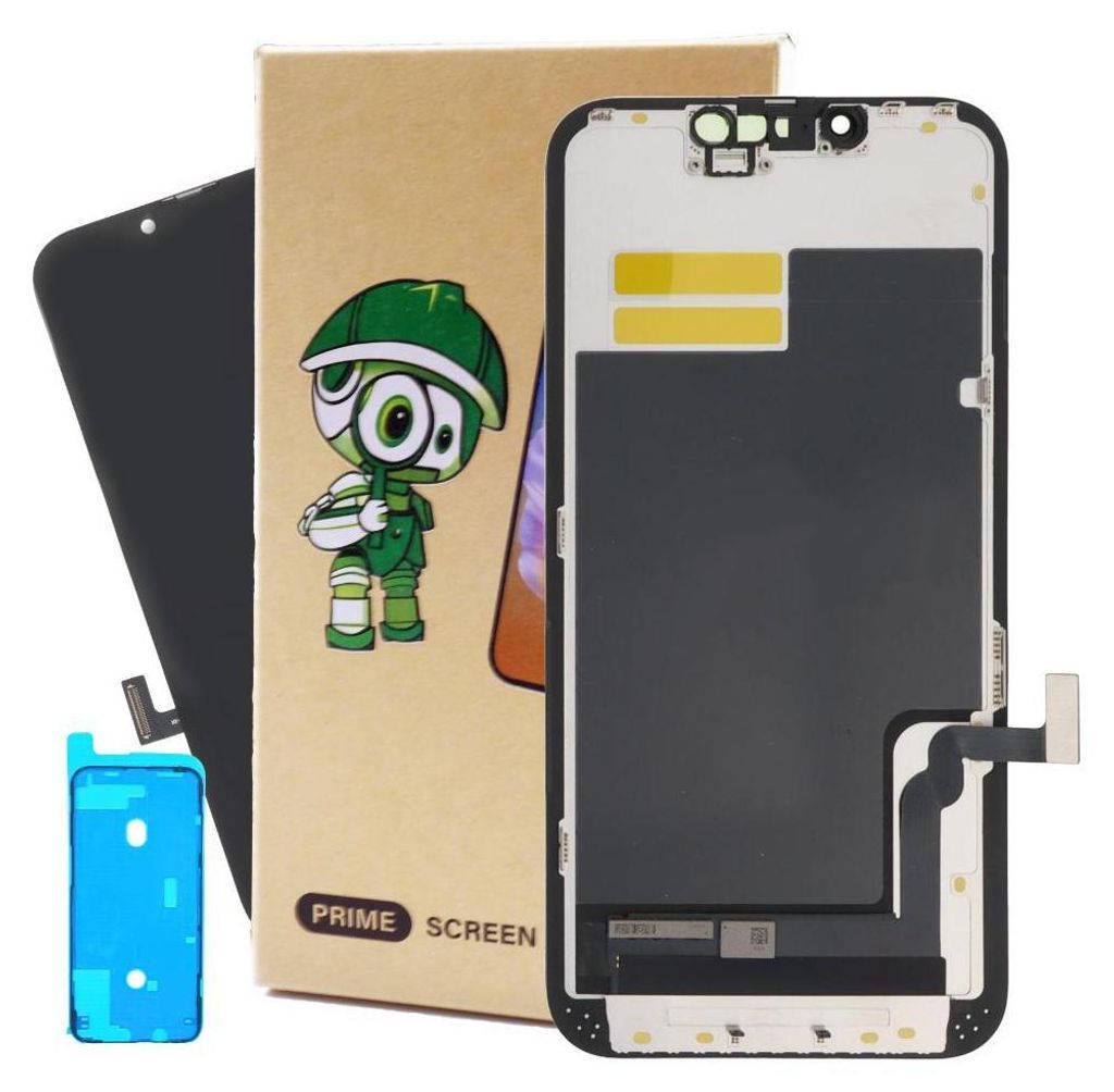 A product shot of an iPhone 13 display replacement kit, including the display, packaging, and adhesive.