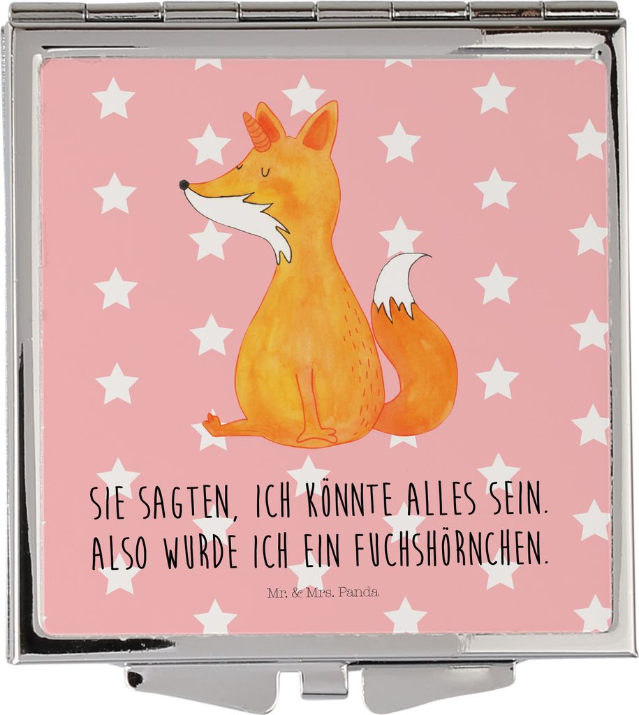Mr. & Mrs. Panda Schminkspiegel Einhorn Wunsch - Rot Pastell - Geschenk, Klappbarer Spiegel, Füchse, Unicorns, Unicorn, Fuchs, Einhörner, klein, ...