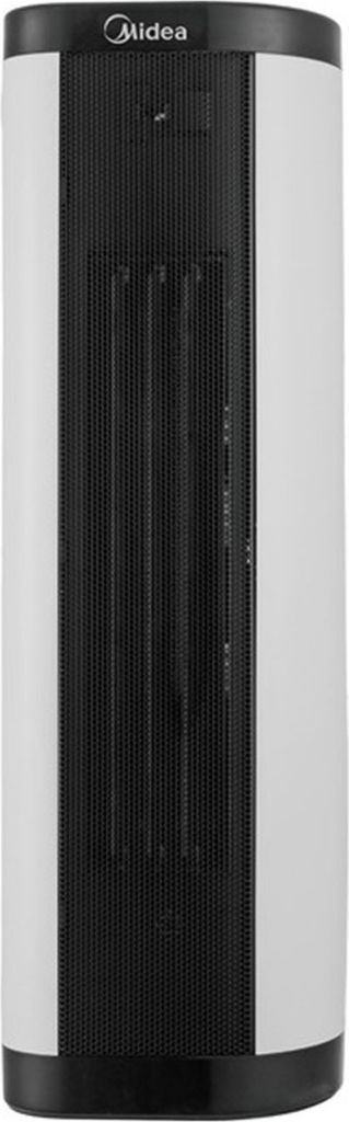 A studio shot of a white and black Midea heater.