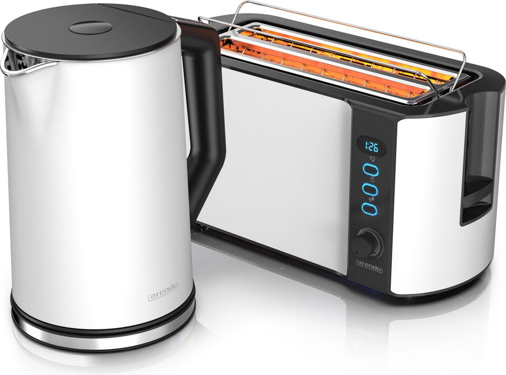 Arendo Frühstücksset, 1,5L Wasserkocher, Langschlitz Toaster 4-Scheiben, Weiß