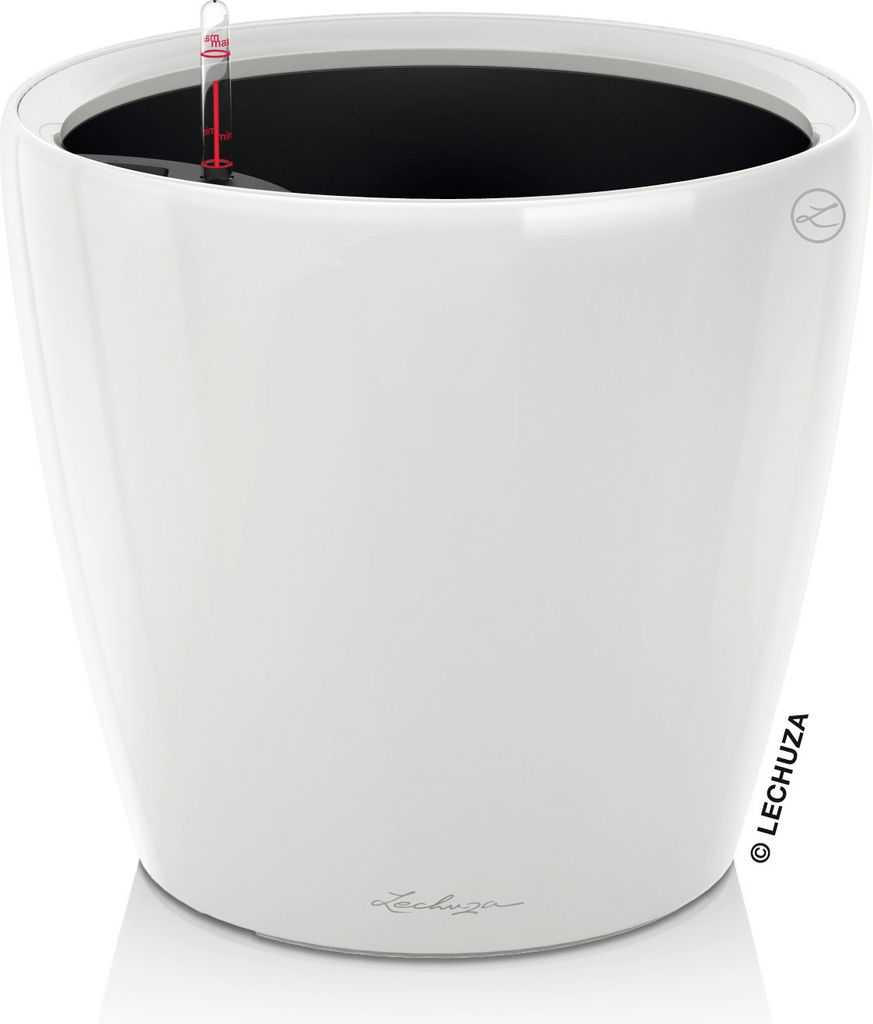 A white, high-gloss planter with a water level indicator visible inside.