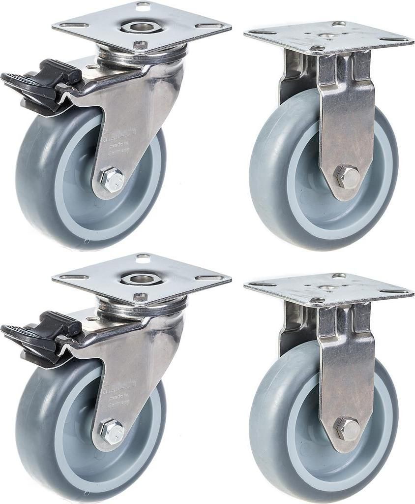 75mm 3" Edelstahlrollen grau Gummi, Bremse & feststehend, 240kg, 4er Set