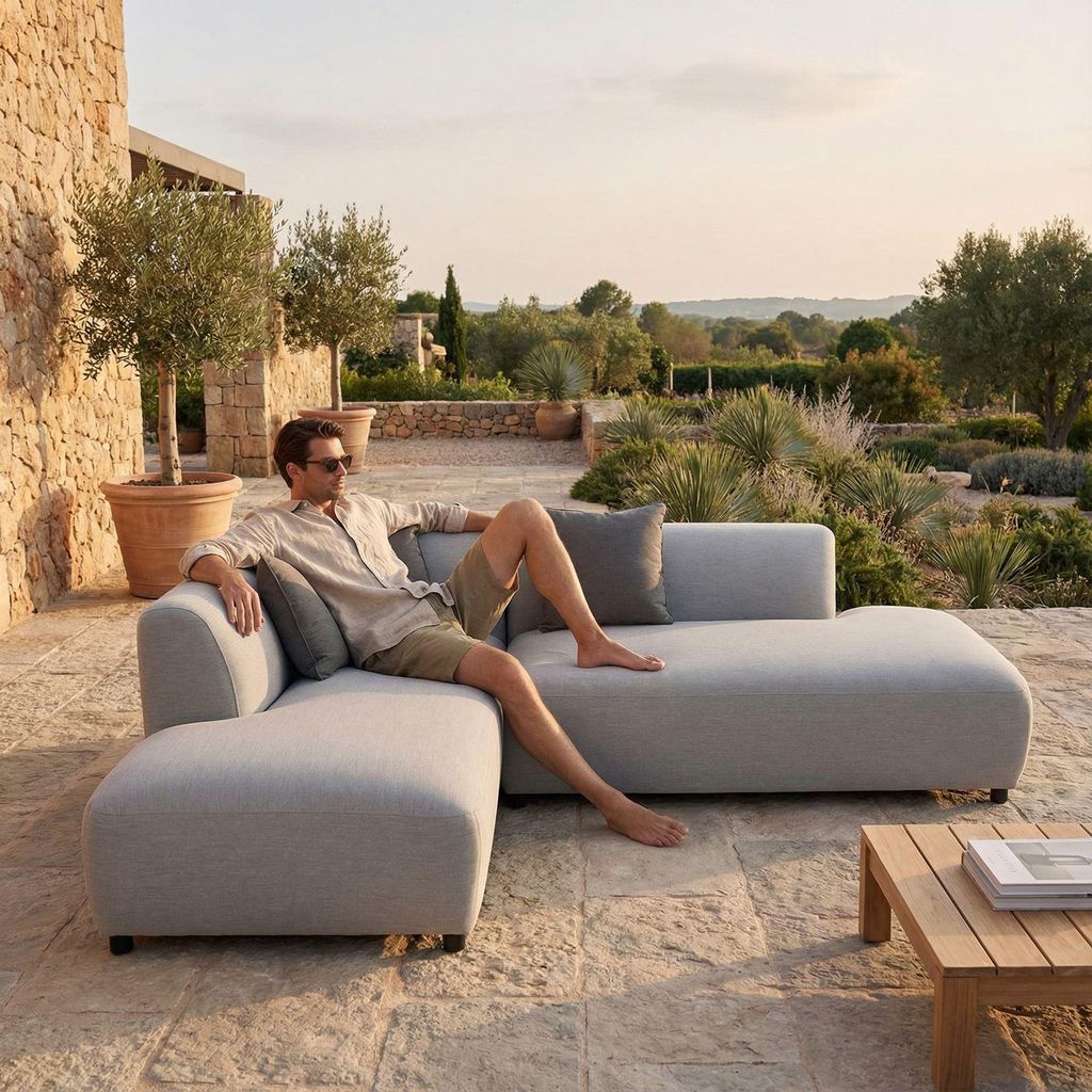 Outdoor Sofa CALABRIA Set, Hellgrau – komfortables Sofa für den Außenbereich mit Schutzhülle aus wasserabweisendem und 2 Kissen Polyester idea...
