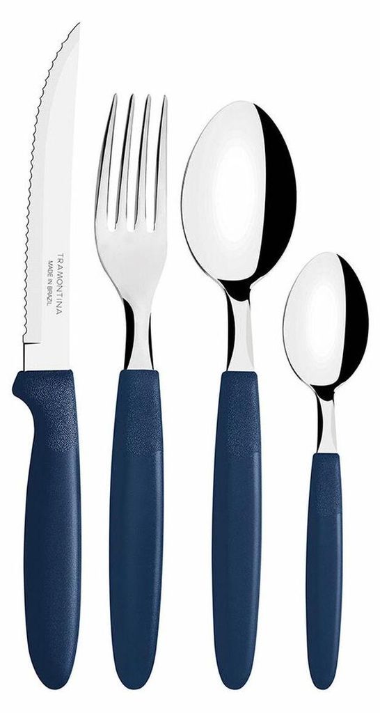 A set of four cutlery pieces, including a knife, fork, and two spoons, are arranged vertically against a white background.