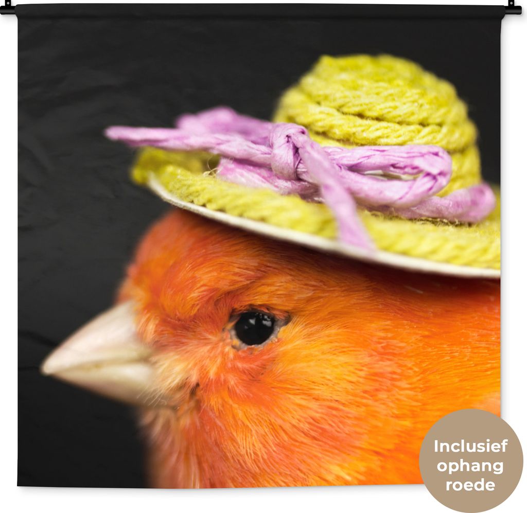 MuchoWow Wandteppich Wandbehang Vogel - Hut - Orange 120x120 cm Tapisserie Dekoration Wandtuch - Modern - Baumwollgewebe