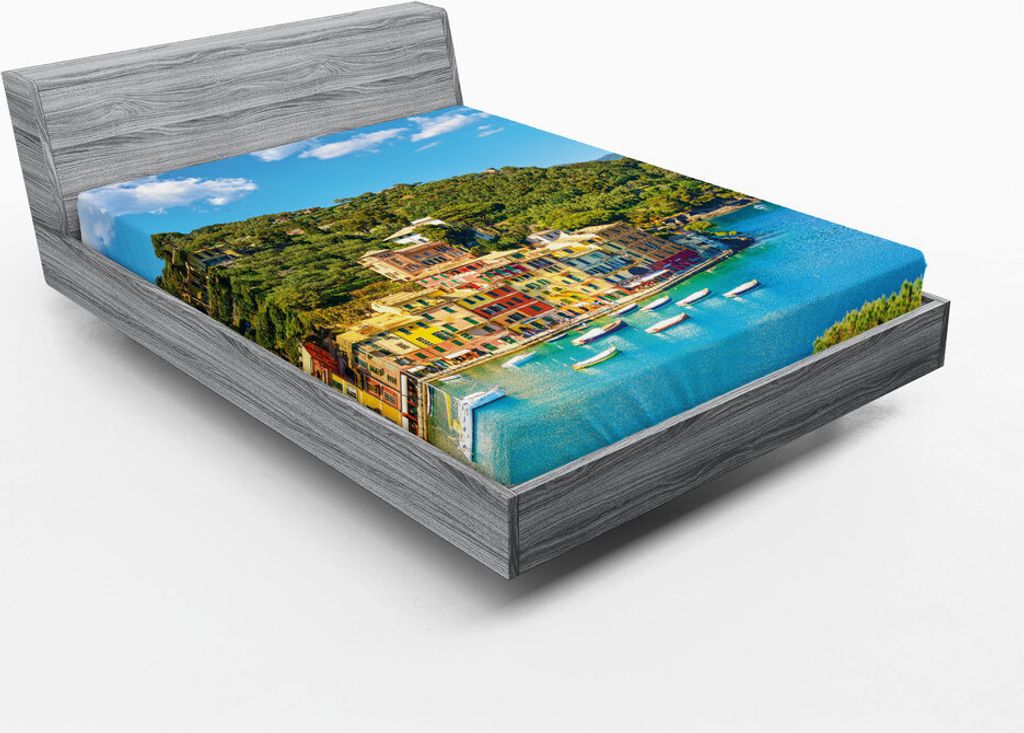 ABAKUHAUS Italien Spannbetttuch, Portofino Landmark Aerial Panoramablick Dorf und Yacht Little Bay Harbor, 150 x 190 cm, Grün Blau Gelb