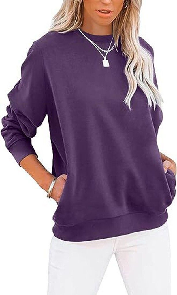 ASKSA Damen Pullover Rundhals Langarm Sweatshirt Casual Lose Einfarbige Herbst Winter Oberteile Oversize Tops, Lila, L