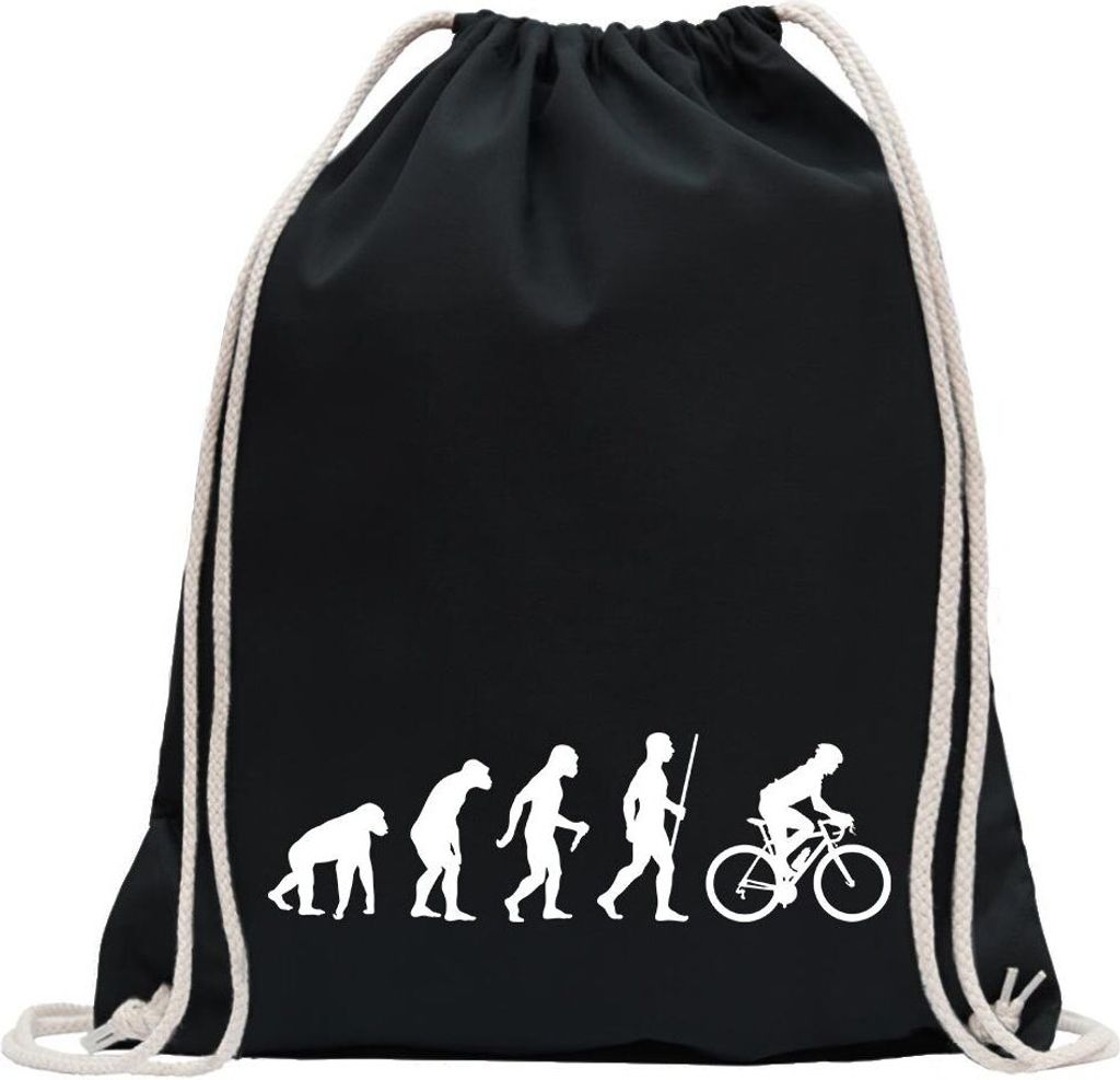 Kiwistar - Turnbeutel - schwarz - Rennrad Fahrrad Evolution - Fun Rucksack Sport Beutel Gymsack Baumwolle mit Ziehgurt