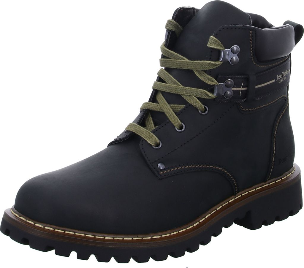 A single black leather boot with green laces is shown against a white background.