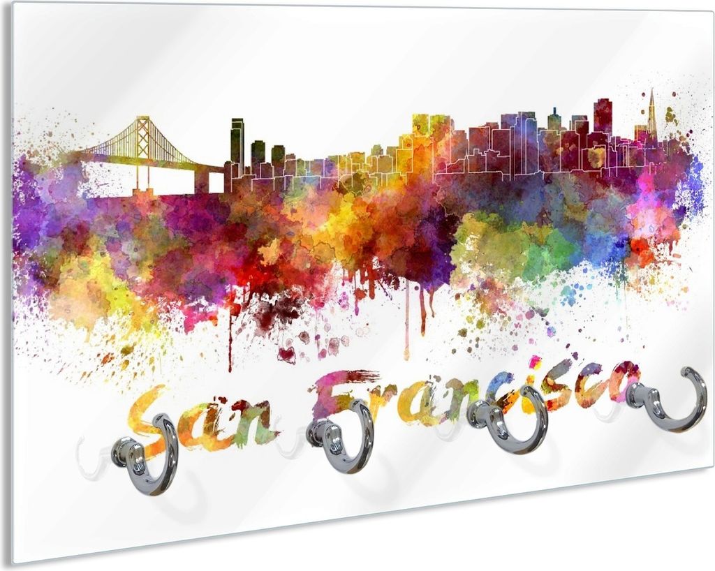 Wallario Schlüsselbrett aus Glas, Motiv: Städte als Aquarell - Skyline von San Francisco, 30 x 20 cm mit 4 Haken