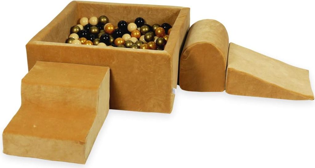 Schaumstoffspielplatz mit quadratischem Pool 90x90x40 Samtweiches Karamell + 400 Bälle: Altgold, Hellrosa, Perlmutt