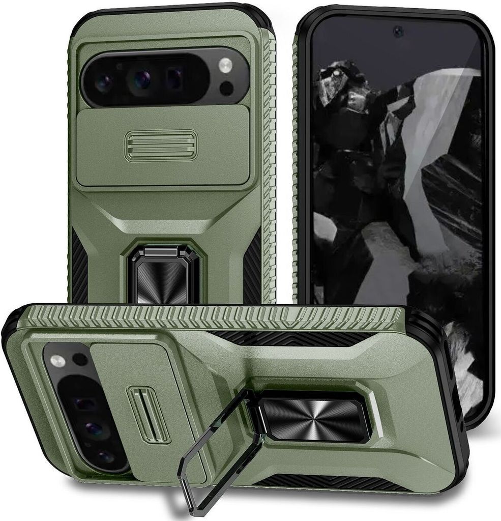 Mobigear Armor Ring Cam Slide Google Pixel 9 Pro XL Hülle Hardcase Backcover Stoßfest mit Ringhalter und Kamera Slider - Grün