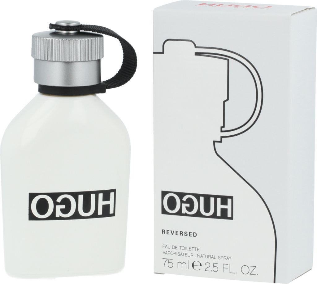 A white bottle of Hugo Boss Reversed Eau de Toilette for men and its packaging are displayed side-by-side against a white background.