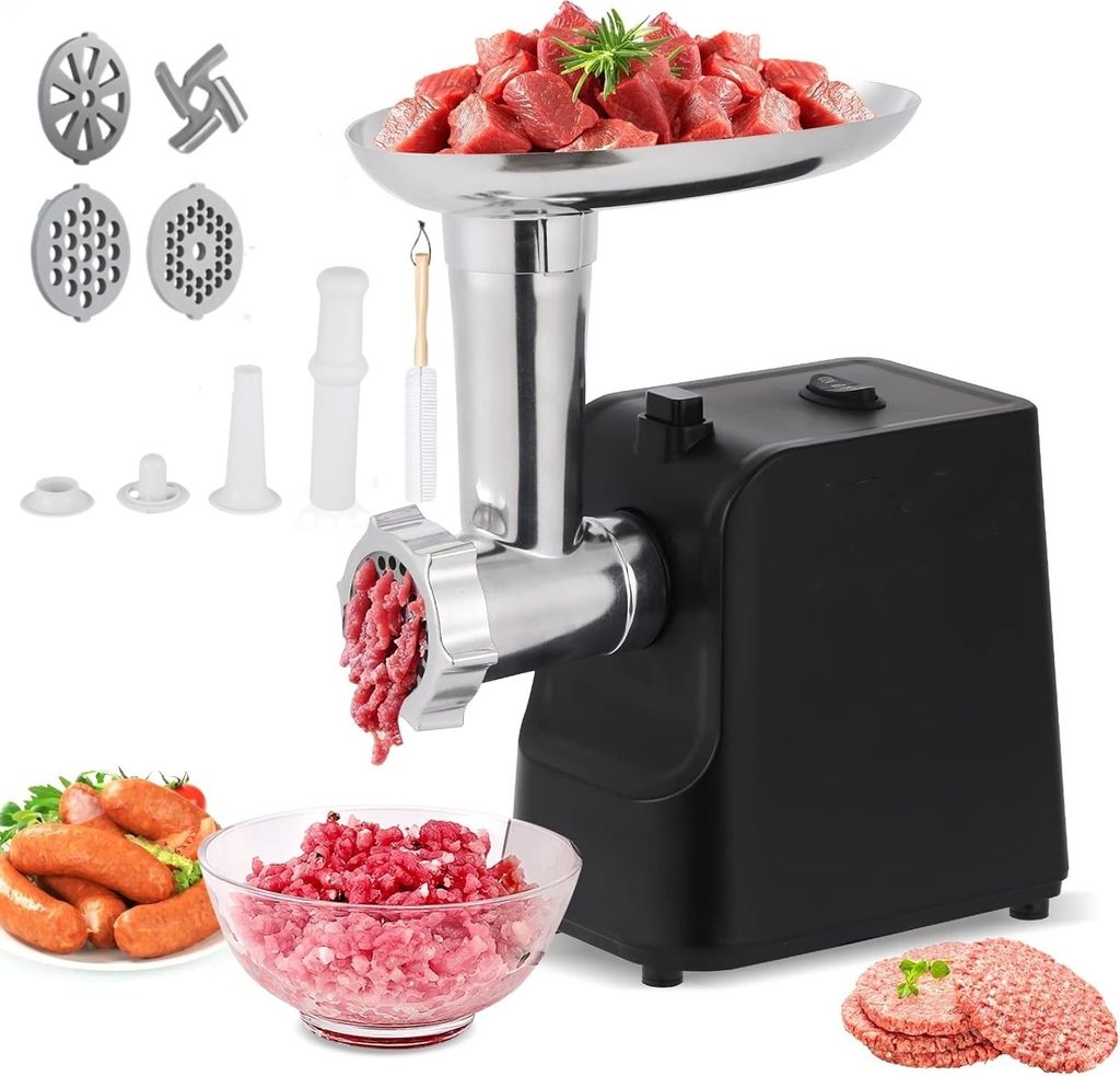 6 in1 Elektrischer Fleischwolf, Multi Küchenmaschine, Super-intelligenter Wärmeschutz, Wurstmaschine mit 3 Lochscheiben, 4 Kegel-Klingen, Schwarz