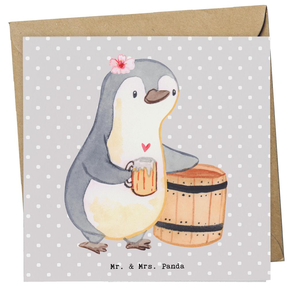 Mr. & Mrs. Panda Klappkarte Bierbrauerin Herz - Grau Pastell - Geschenk, faltkarte, , Bierfass, Glückwunschkarte, Party, Hobbybrauen, doppelkarte,...