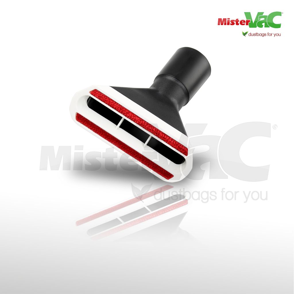 A vacuum cleaner nozzle with red and black accents is shown against a white background, with a reflection below.