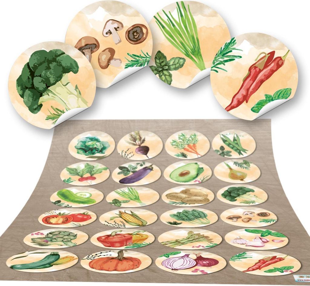 3 x 24 runde Aufkleber GEMÜSE Küchenaufkleber Essen gesund Küche Deko Aufkleber Glas Sticker Küchen-Etiketten selbstklebend Kinder basteln